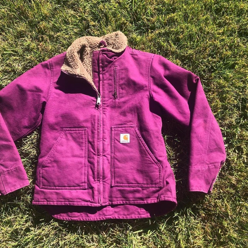 Carhartt Magenta Jacket with Tan Sherpa Lining